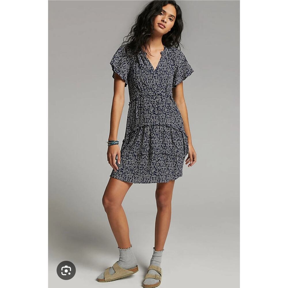 Anthropologie Womens Navy Blue Dotted Robin Tiered Mini Dress Small